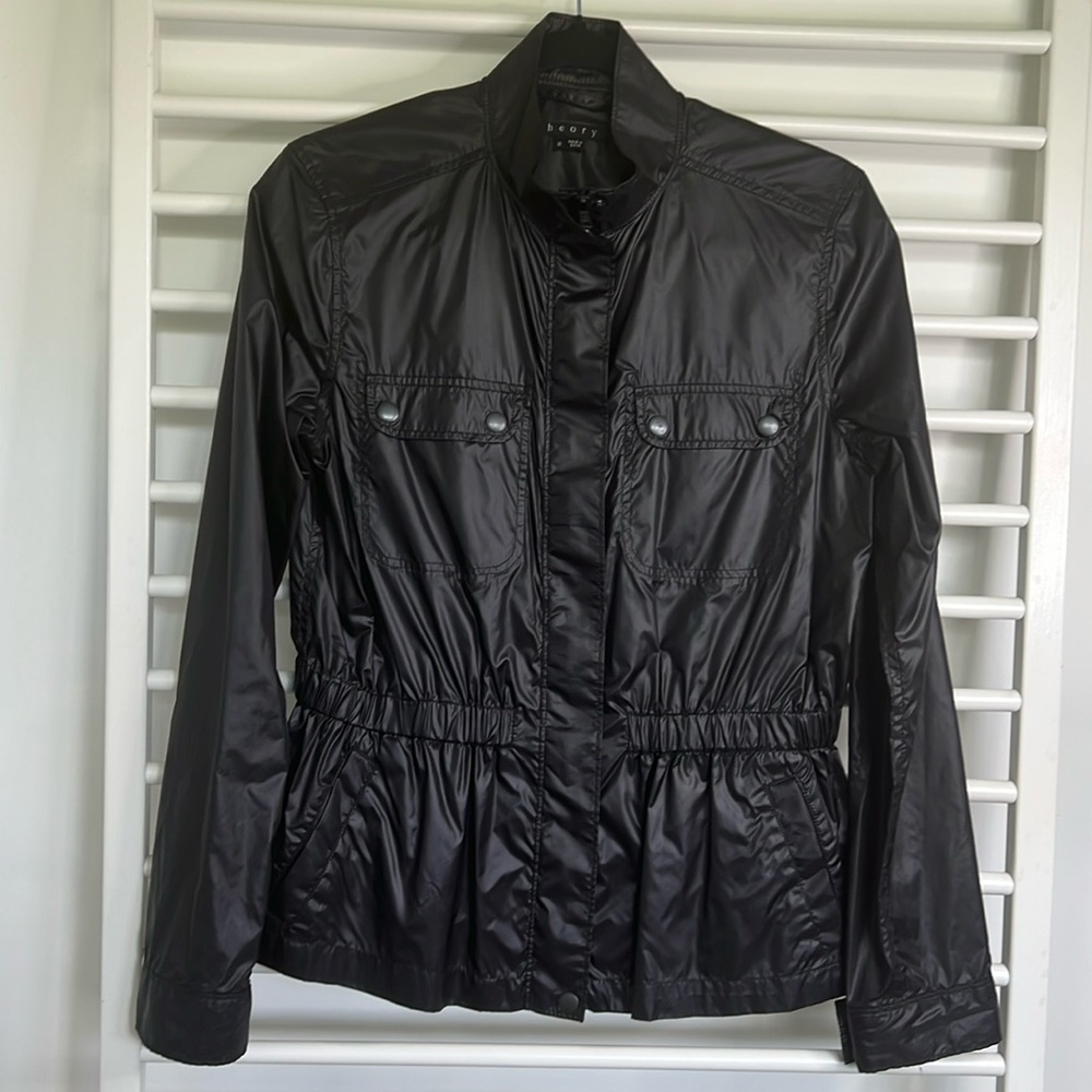 Theory Lightweight Black Nylon Women’s Jacket Medium Downtown Girl Cinched Waist